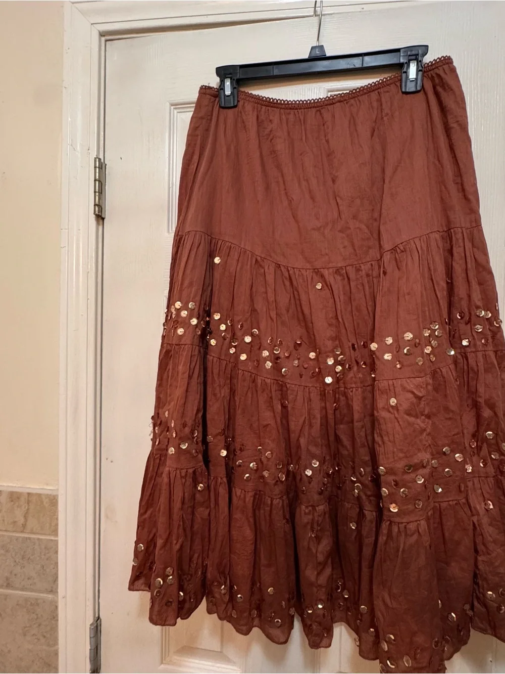 Boho Sequin Tiered Maxi Skirt in Rust